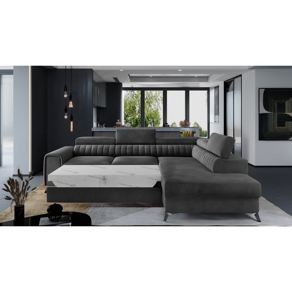 Colțar gri închis extensibil/cu spațiu de depozitare cu tapițerie din catifea (cu colț pe partea dreaptă/în formă de ”L”) Laurence – ELTAP-image-2