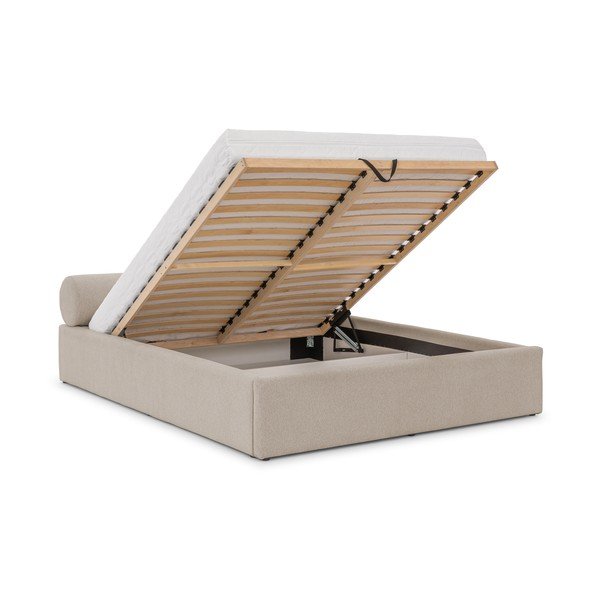 Pat matrimonial bej tapițat cu spațiu de depozitare cu somieră 140x200 cm Cille – Ropez-image-2