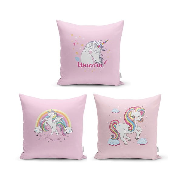 Set 3 fețe de pernă Minimalist Cushion Covers Pink Unicorn, 45 x 45 cm