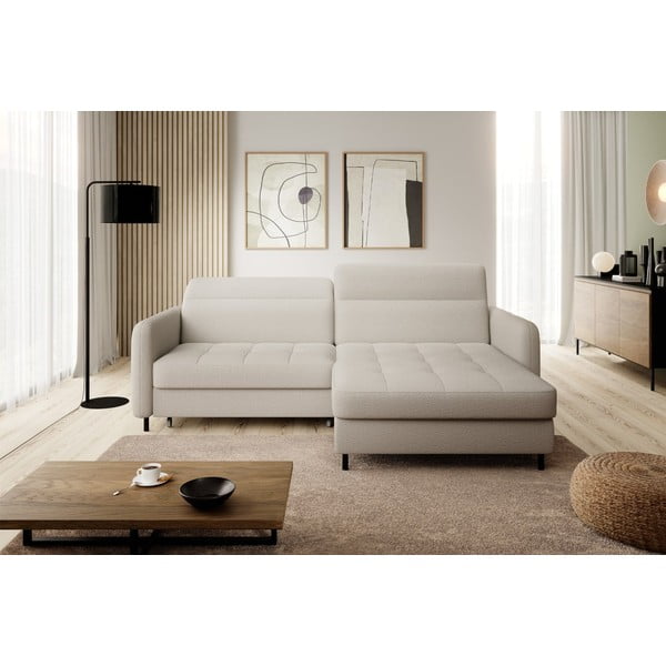 Colțar bej extensibil/cu spațiu de depozitare cu tapițerie din țesătură bouclé (cu colț pe partea dreaptă/cu șezlong) Gomsi – ELTAP-image-3