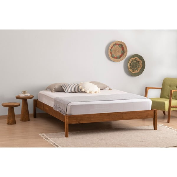 Pat în culoare naturală/maro închis din lemn de molid cu somieră 90x200 cm Galaksi – Kalune Design-image-1