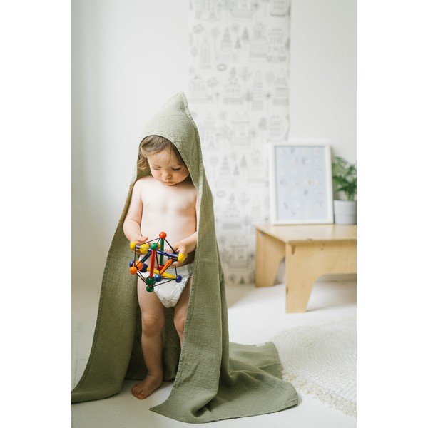 Prosop din in cu glugă pentru copii verde 100x100 cm Waffle - Linen Tales-image-4