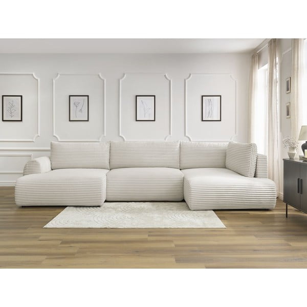 Colțar crem extensibil/cu spațiu de depozitare cu tapițerie din catifea reiată  (cu colț pe partea dreaptă/în formă de "U") Lucien – Bobochic Paris-image-1