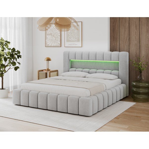 Pat matrimonial gri deschis tapițat cu spațiu de depozitare cu somieră 140x200 cm Lamica – ELTAP-image-4