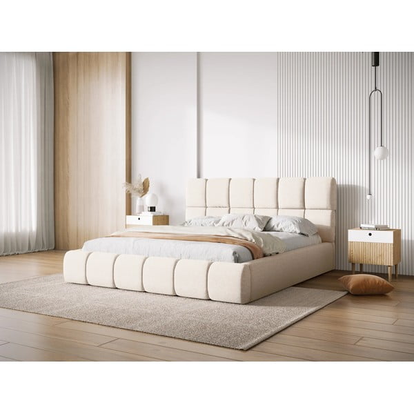 Pat matrimonial crem tapițat cu spațiu de depozitare cu somieră 140x200 cm Bellis – Micadoni Home-image-1