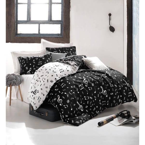 Lenjerie de pat dublu  neagră-albă extinsă  cu cearșaf și cuvertură 220x240 cm Melodiy – Mijolnir
