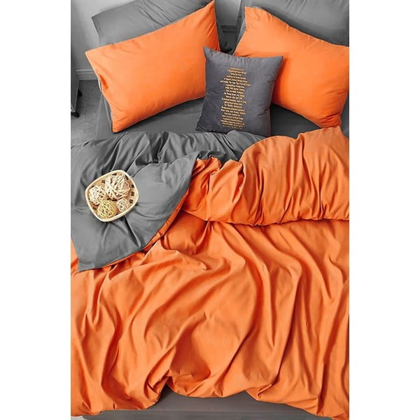 Lenjerie de pat portocalie/gri din bumbac pentru pat dublu/extinsă cu cearceaf inclus/cu 4 piese 200x220 cm – Mila Home