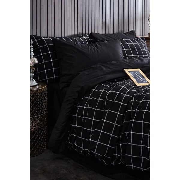 Lenjerie de pat neagră pentru pat dublu/extins cu cearceaf inclus/cu 4 piese 200x220 cm Geometric – Mila Home