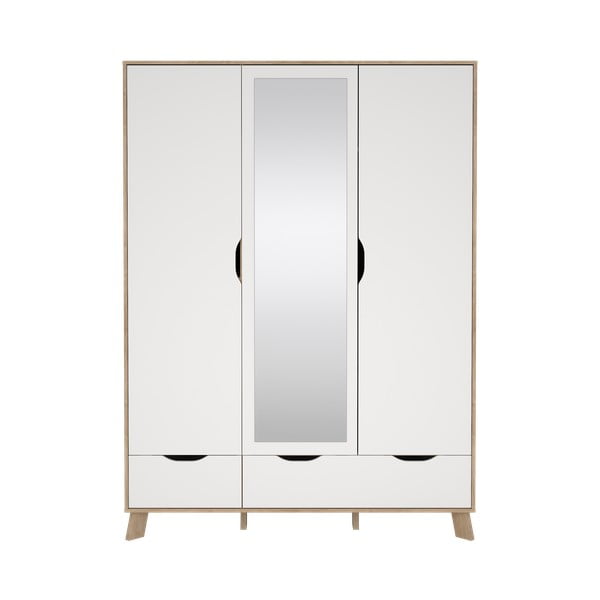 Șifonier alb-în culoare naturală cu aspect de lemn de stejar cu oglindă 147x201x58 cm Ikast – Tvilum