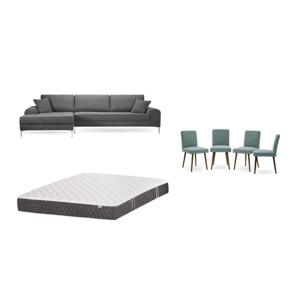 Set canapea gri cu șezlong pe partea stângă, 4 scaune gri-verde și saltea 160 x 200 cm Home Essentials