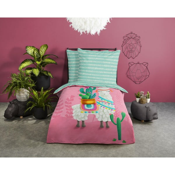 Lenjerie de pat pentru copii roz-turcoaz din bumbac pentru pat de o persoană 140x200 cm Lalama – Good Morning-image-1