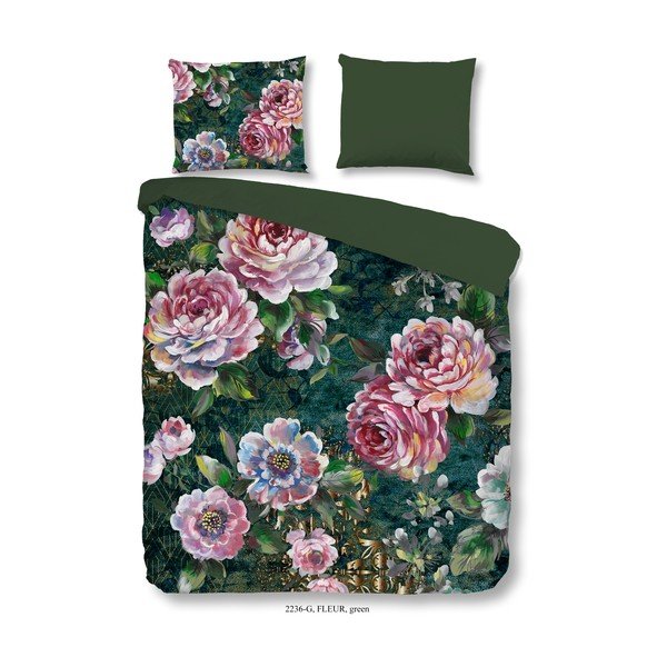 Lenjerie de pat verde din bumbac pentru pat de o persoană, extinsă 140x220 cm Fleur – Good Morning