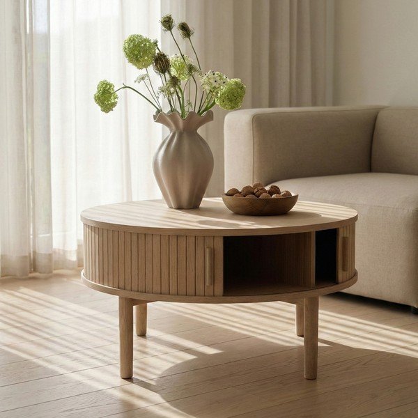Măsuță de cafea în culoare naturală deschisă rotundă cu aspect de lemn de stejar ø 85 cm Meta – Unique Furniture-image-1
