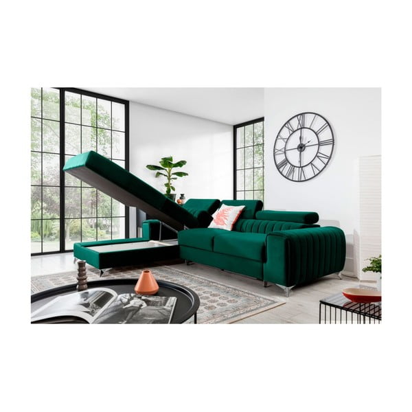 Colțar verde extensibil/cu spațiu de depozitare cu tapițerie din catifea (cu colț pe partea stângă/cu șezlong) Grayson – ELTAP-image-3