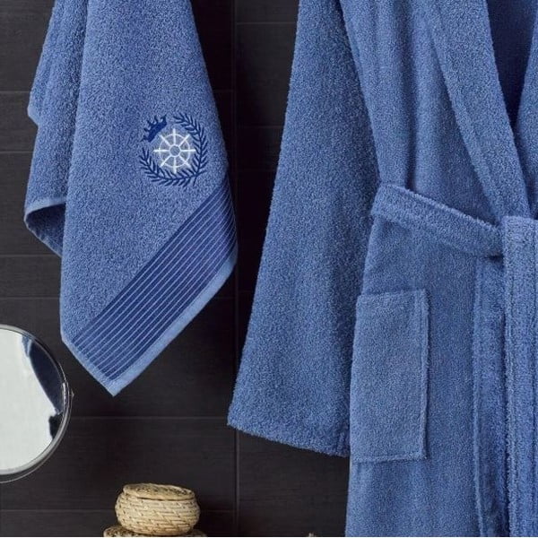 Set halat de baie și prosop albastru S/M din bumbac – Mila Home-image-1