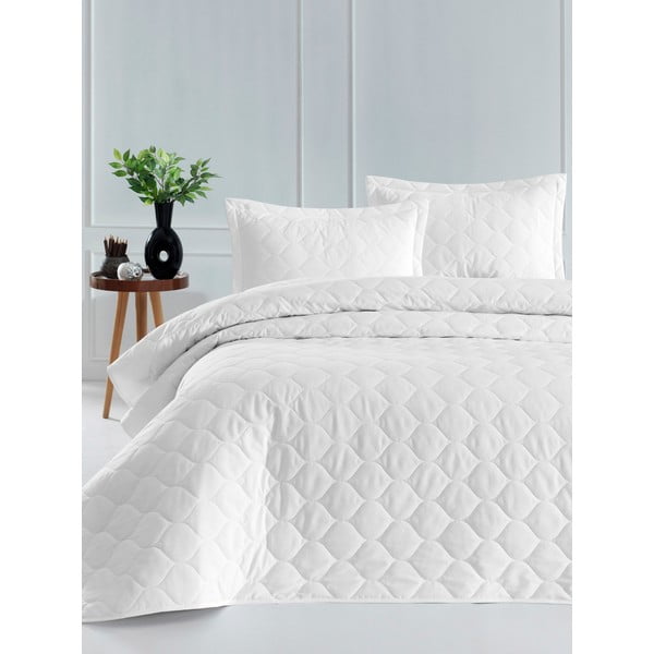 Cuvertură de pat cu 2 fețe de pernă din bumbac ranforce Mijolnir Fresh, 225 x 240 cm, alb