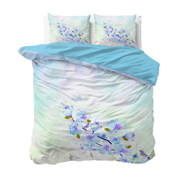 Lenjerie din bumbac, pat dublu Sleeptime Sweet Flowers, 200 x 220 cm, albastru