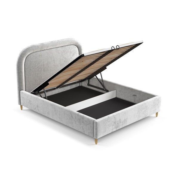 Pat matrimonial gri deschis tapițat cu spațiu de depozitare cu somieră 140x200 cm Mija – Maison de Rêve-image-2
