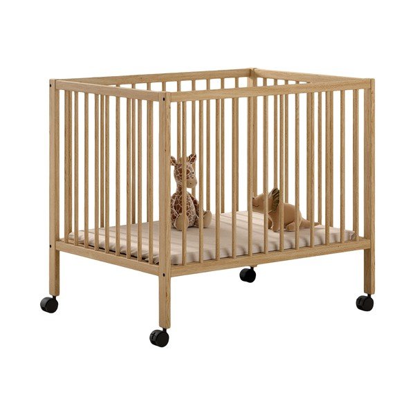 Țarc pentru copii în culoare naturală din lemn de fag cu înălțime reglabilă/cu roți 95x75 cm Dino – Vipack