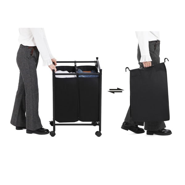 Coș de rufe cu roți și 2 compartimente Songmics, negru-image-3
