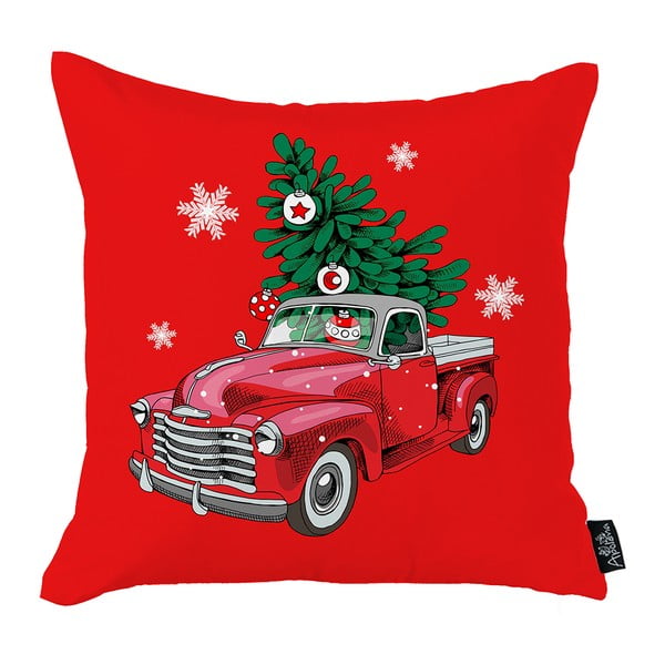 Față de pernă cu model de Crăciun Mike & Co. NEW YORK Car and Tree, 45 x 45 cm, roșu
