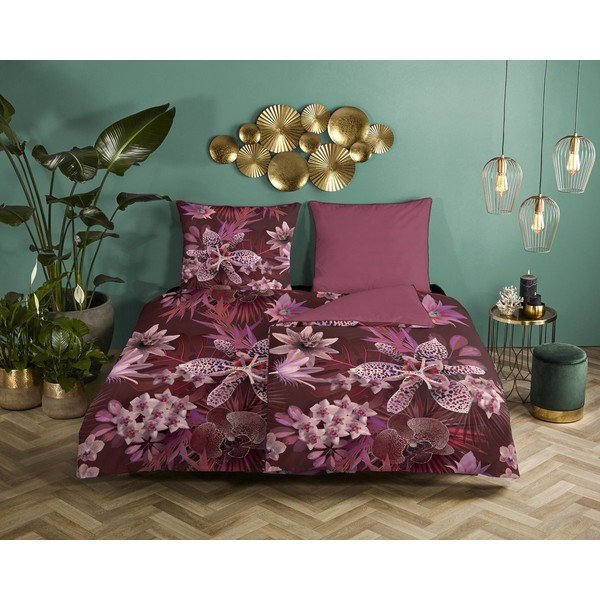 Lenjerie de pat din bumbac organic pentru pat de o persoană Descanso Orchid, 140 x 200 cm, vișiniu închis-image-1