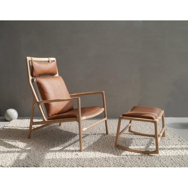 Taburet din piele bovină cu structură din lemn masiv de stejar Gazzda Dedo, maro-image-1