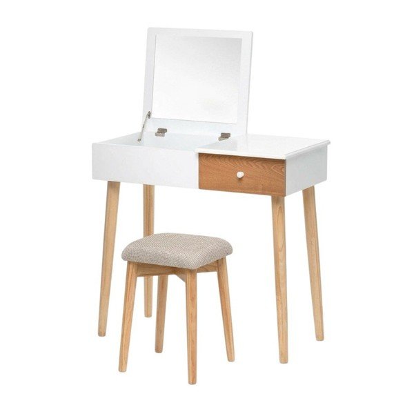 Masă de toaletă cu oglindă, cutie de bijuterii și scaun Bonami Essential Beauty, alb