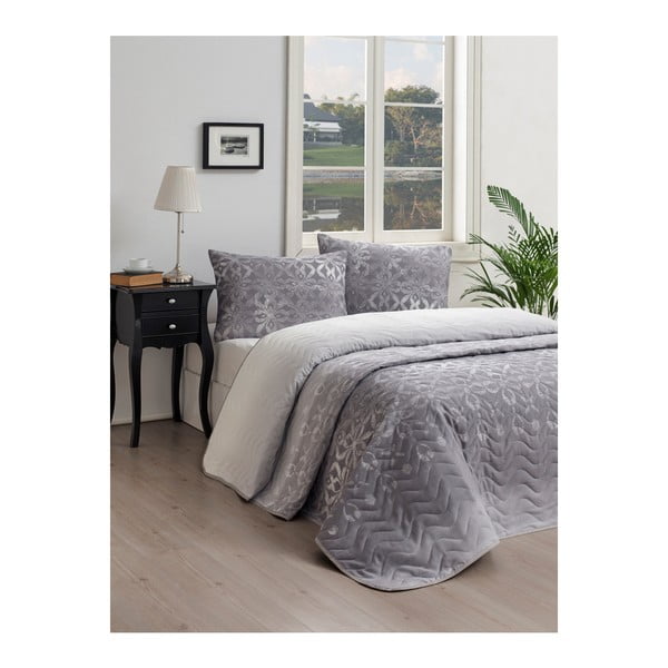 Set cuvertură pentru pat din bumbac și 2 fețe de pernă EnLora Home Twed Grey, 200 x 220 cm