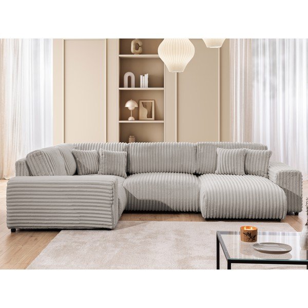 Colțar gri deschis cu tapițerie din catifea reiată  (cu colț pe partea stângă/în formă de "U") Justin – Ropez-image-1