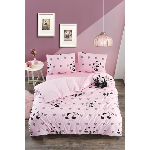 Lenjerie de pat roz pentru pat de o persoană, extinsă cu cearceaf inclus, cu 3 piese 160x220 cm Panda – Mila Home-image-1