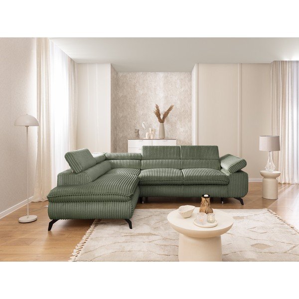 Colțar verde cu tapițerie din catifea reiată  (cu colț pe partea stângă/în formă de ”L”) Marbeya  – Ropez-image-4