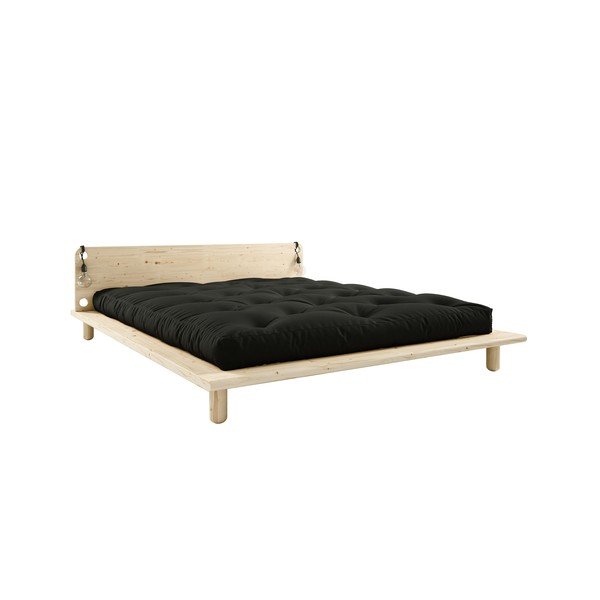 Pat dublu din lemn masiv cu tăblie, lămpi și saltea neagră Comfort Karup Design Peek, 180 x 200 cm