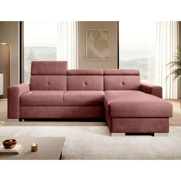 Colțar roz extensibil/cu spațiu de depozitare cu tapițerie din catifea (cu colț pe partea dreaptă/cu șezlong) Fresia – ELTAP-image-1