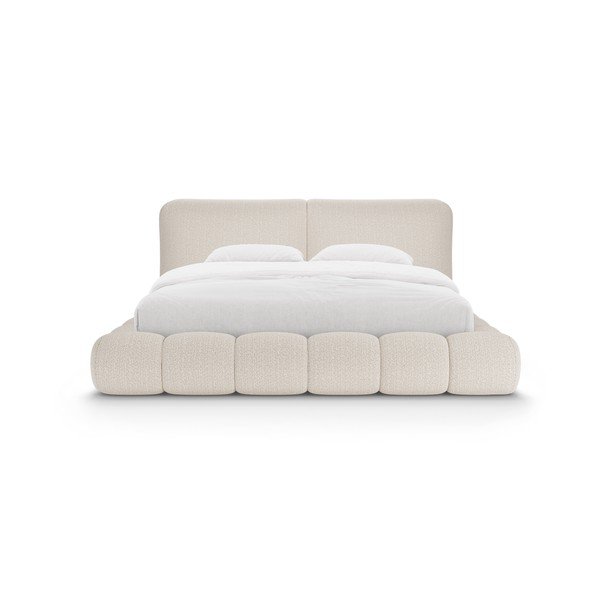 Pat matrimonial bej tapițat cu spațiu de depozitare cu somieră 200x200 cm Solange – Micadoni -image-4