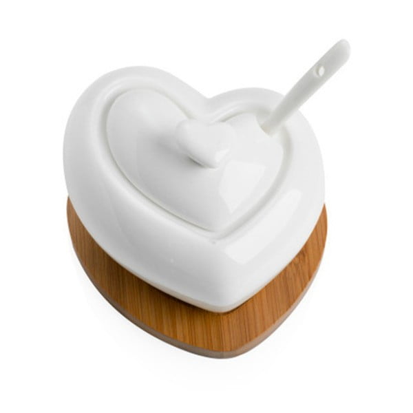 Zaharniță din porțelan cu linguriță și suport din bambus Brandani Heart-image-2