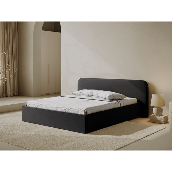 Pat matrimonial negru tapițat cu spațiu de depozitare cu somieră 160x200 cm Elizabeth – Micadoni -image-2