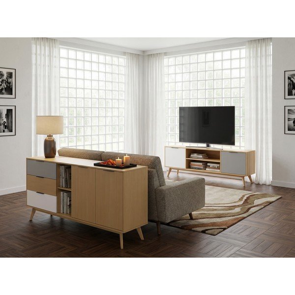 Comodă TV natural/gri/alb din lemn de pin 140x53 cm Elfa – Marckeric-image-2