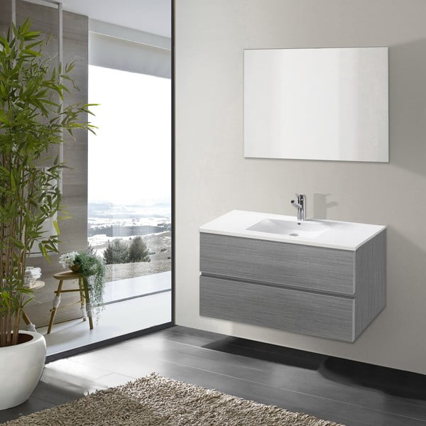 Dulăpior baie cu lavoar și oglindă Flopy, nuanță de gri, 80 cm