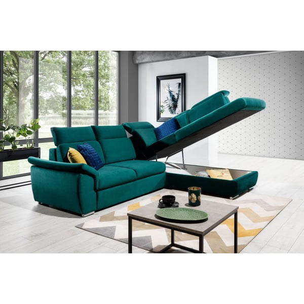 Colțar verde extensibil/cu spațiu de depozitare cu tapițerie din catifea (cu colț pe partea dreaptă/în formă de ”L”) Loreto – ELTAP-image-2