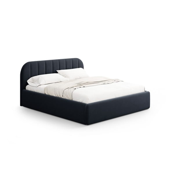 Pat matrimonial albastru închis tapițat cu spațiu de depozitare cu somieră 180x200 cm Juno – Windsor & Co Sofas