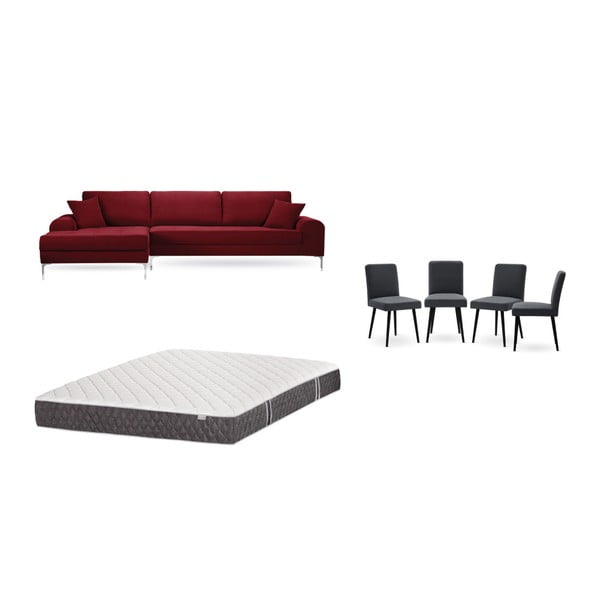Set canapea roșie cu șezlong pe partea stângă, 4 scaune gri antracit și saltea 160 x 200 cm Home Essentials
