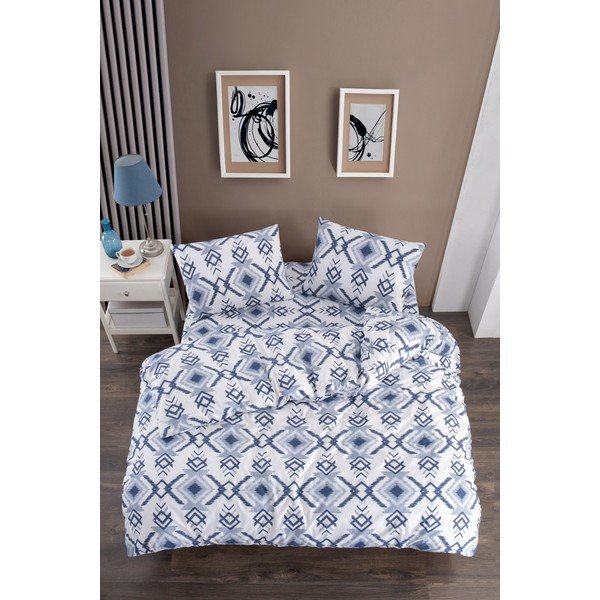 Lenjerie de pat albă-albastră pentru pat de o persoană, extinsă cu cearceaf inclus, cu 3 piese 160x220 cm Geometric – Mila Home-image-1