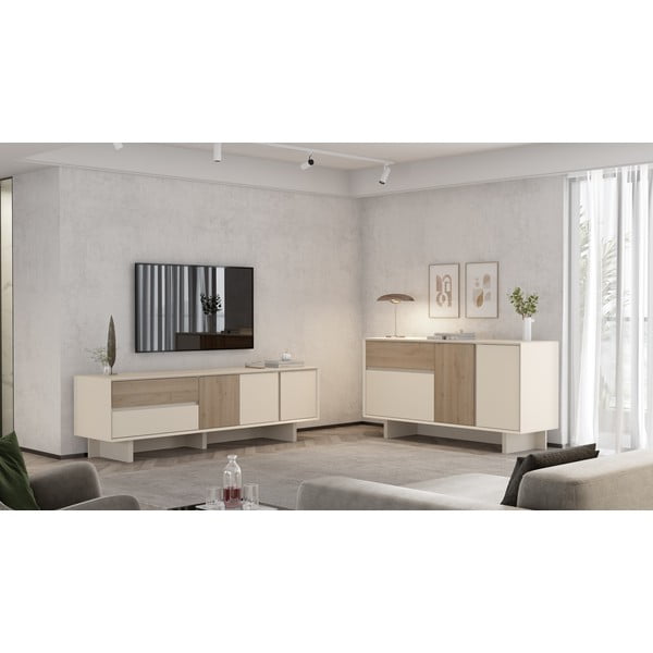 Comodă TV bej/în culoare naturală cu aspect de lemn de stejar 180x55x45 cm Carpi – Marckeric-image-1