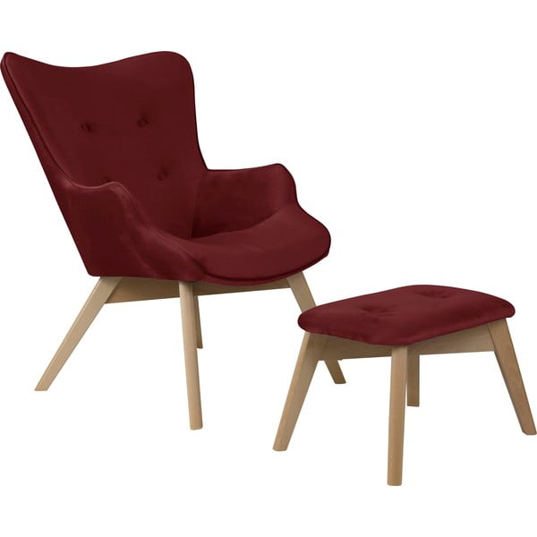 Fotoliu cu taburet roșu cu tapițerie din catifea Niko – Ropez