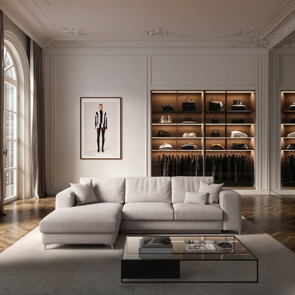 Colțar gri deschis extensibil, cu spațiu de depozitare cu tapițerie din țesătură bouclé (cu colț pe partea stângă, cu șezlong) Rene – Rodier-image-1