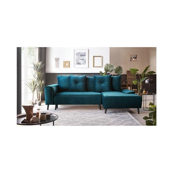 Colțar extensibil din catifea cu șezlong pe partea dreaptă Bobochic Paris Hera Bis, albastru petrol-image-4