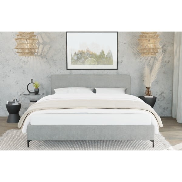 Pat matrimonial gri deschis tapițat cu somieră 200x200 cm Barker – Ropez-image-3