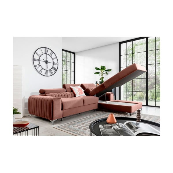 Colțar roz extensibil/cu spațiu de depozitare cu tapițerie din catifea (cu colț pe partea dreaptă/cu șezlong) Grayson – ELTAP-image-3