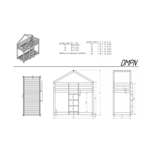Pat pentru copii  în culoare naturală de tip casă/supraetajat cu somieră 90x180 cm DMPN – Adeko-image-2